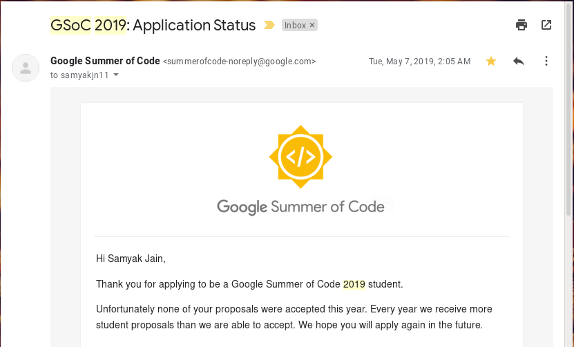 Rejection Mail from GSoC2019 :(